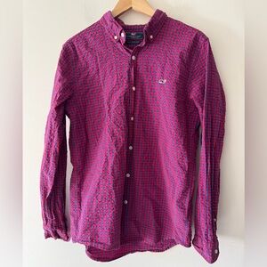 Vineyard Vines Blue and Red Plaid Whale Logo Slim Fit Whale Button Up Shirt